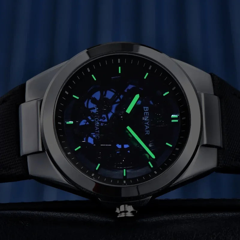 BENYAR 2024 New 40Mm Hollow Out Luminous Watch Casual Men's Automatic Mechanical Watch BY-5207