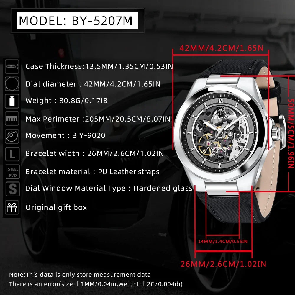 BENYAR 2024 New 40Mm Hollow Out Luminous Watch Casual Men's Automatic Mechanical Watch BY-5207